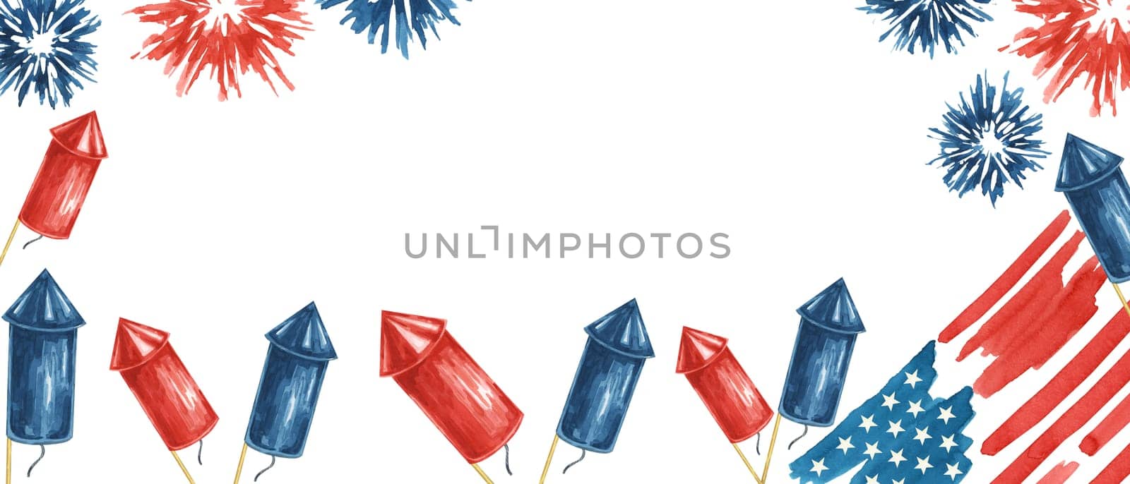 Fourth of July banner. USA flag, firecrackers and fireworks bursts. Independence day national holiday template. Hand drawn watercolor 4th of July clipart for web, voucher, banner, coupon, sale, store