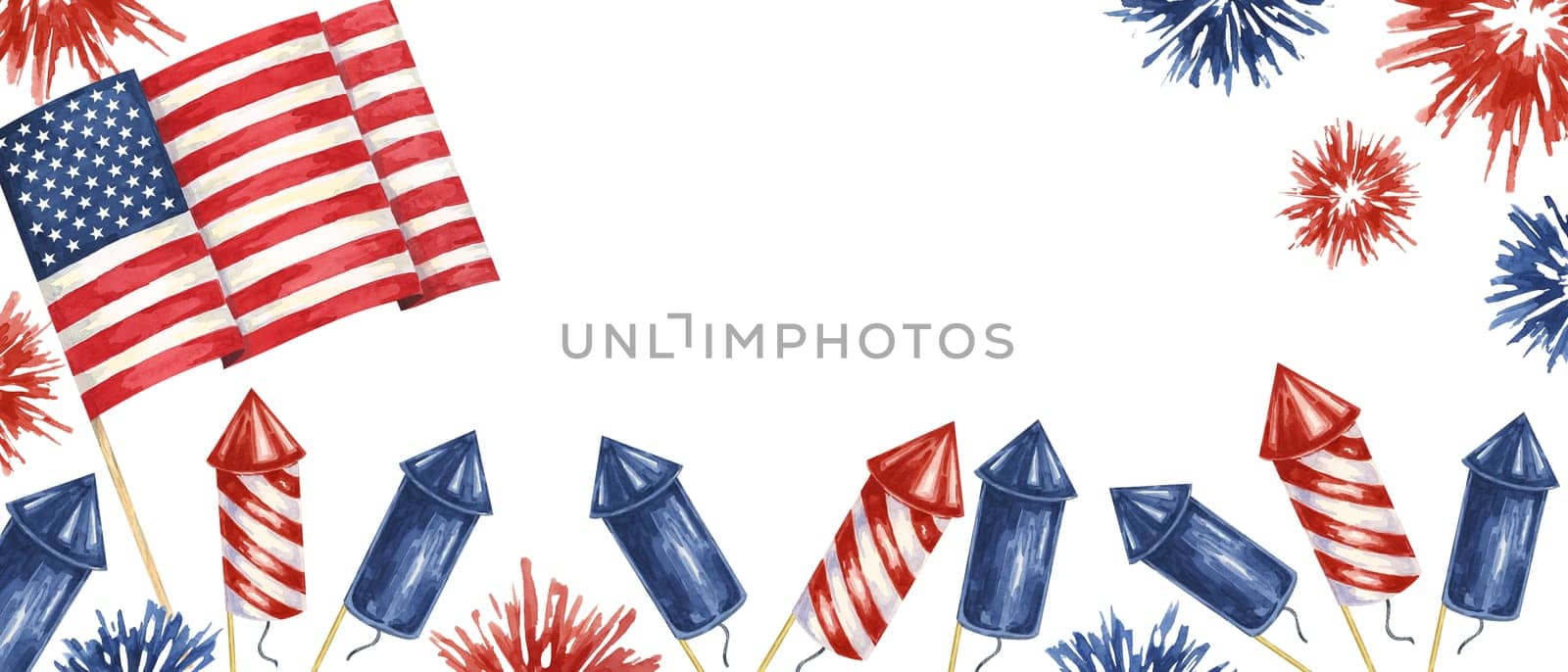 Fourth of July banner. USA flag, firecrackers and fireworks bursts. Independence day national holiday we are closed template. Watercolor 4th of July by Fofito