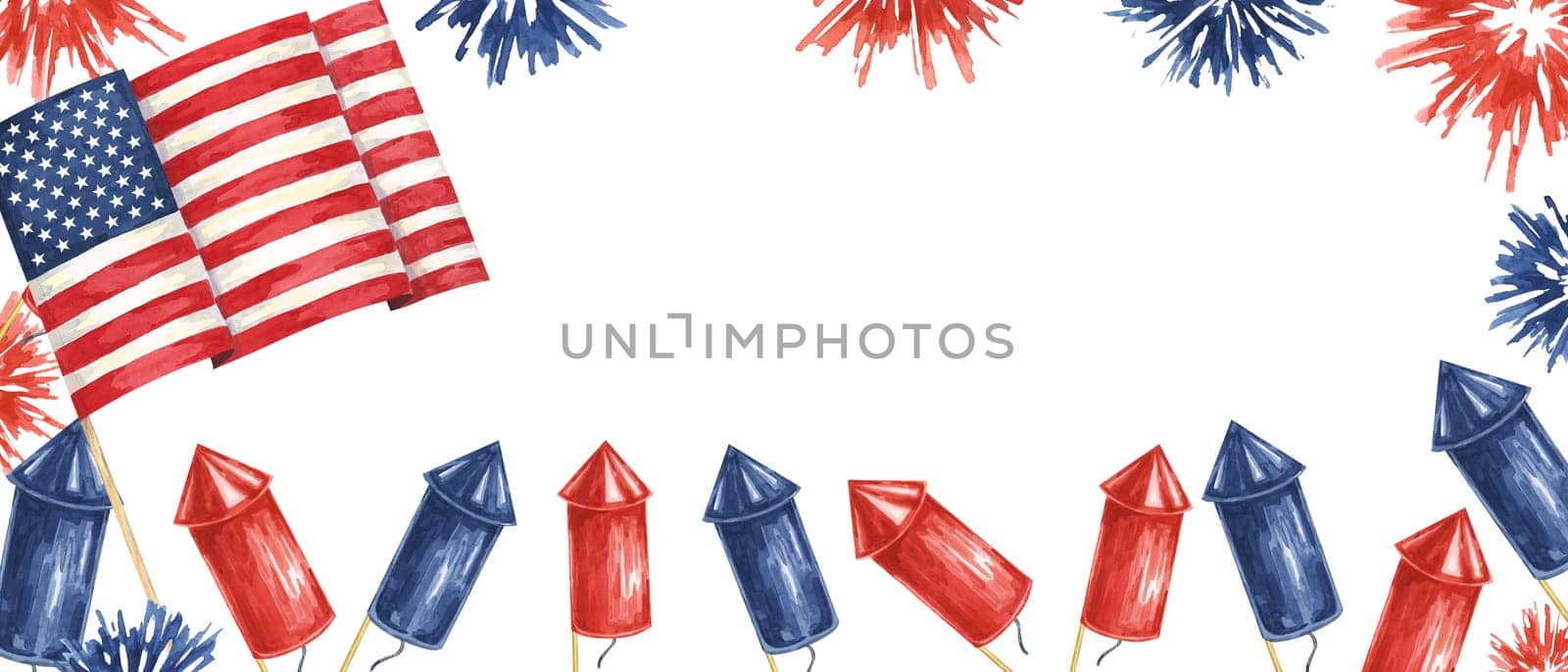 Fourth of July banner. USA flag, firecrackers and fireworks bursts. Independence day national holiday template. Hand drawn watercolor 4th of July clipart for web, voucher, banner, coupon, sale, store