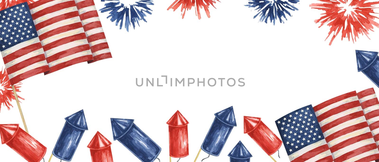 Fourth of July banner. USA flag, firecrackers and fireworks bursts. Independence day national holiday we are closed template. Watercolor 4th of July by Fofito