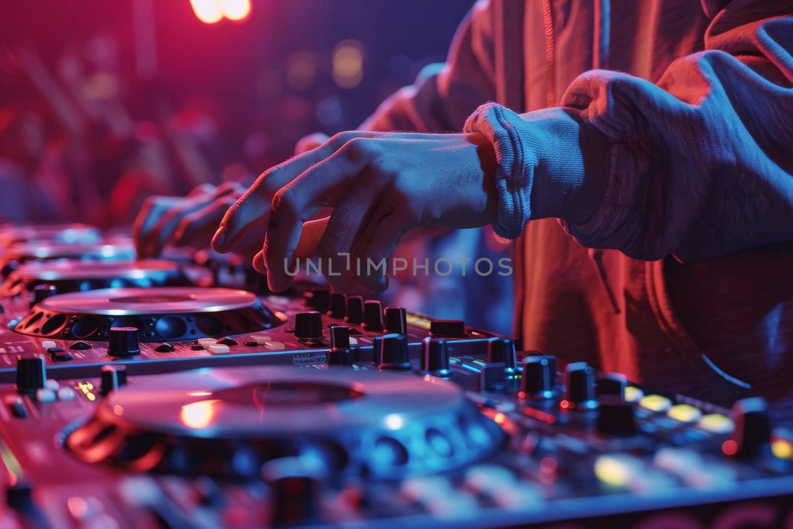 A DJ is playing music at a club. The lights are dim and the atmosphere is lively. The DJ is using a mixer to blend different tracks together