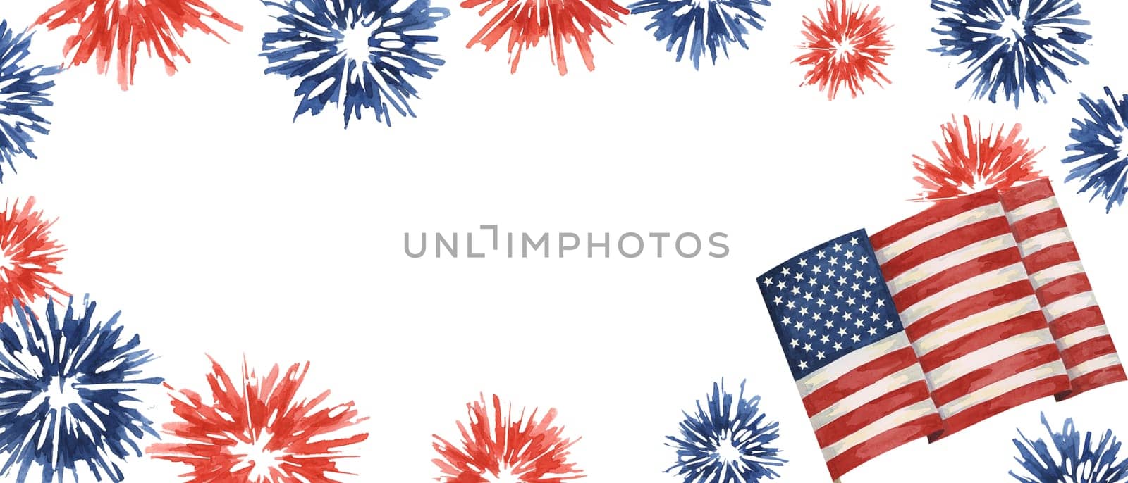 Fourth of July banner. USA flag and fireworks explosions. Independence day holiday we are closed template. Hand drawn watercolor 4th of July clipart by Fofito