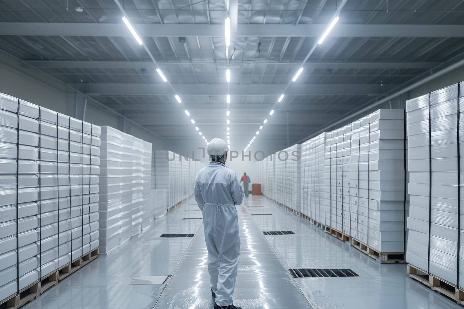 A man in a white suit stands in a large warehouse filled with boxes. The warehouse is dimly lit, and the man is looking at something on the ground. Scene is somewhat somber