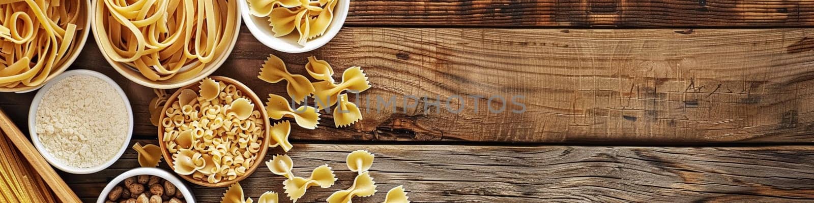 Pasta recipe preparation flatlay background with ingredients, spaghetti, olive oil, garlic, tomatoes and spices in the kitchen, homemade food recipe idea