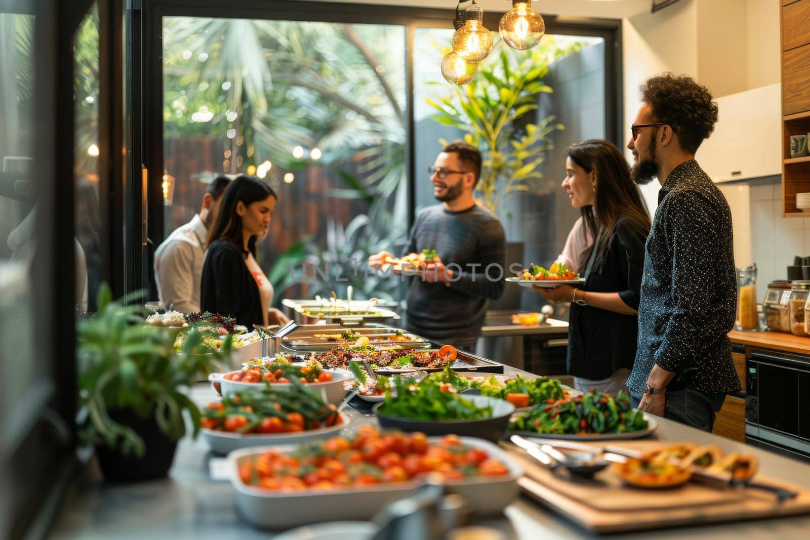 A group of people are gathered around a buffet table filled with food. Scene is social and friendly, as everyone is enjoying the food and each other's company