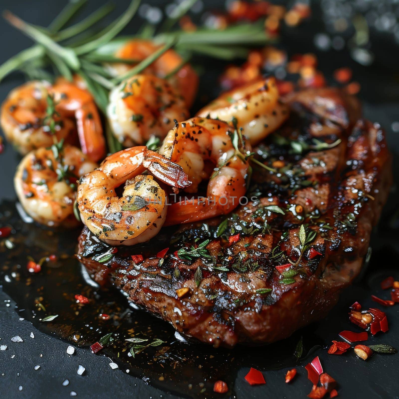 A plate of food with a steak and shrimp on it. The steak is cooked medium rare and the shrimp is grilled. The plate is set on a black table