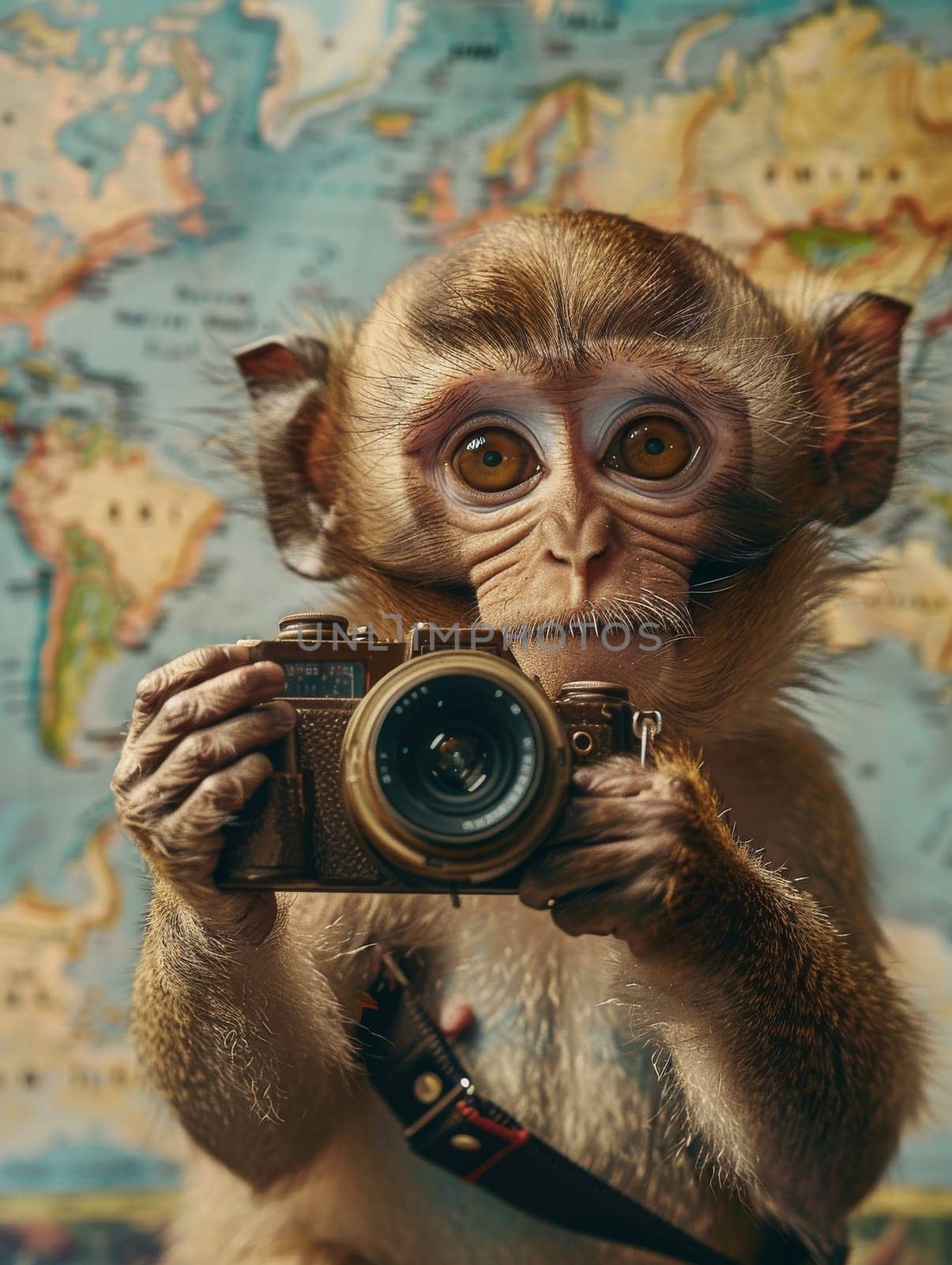 A monkey is holding a camera and looking at the camera by itchaznong