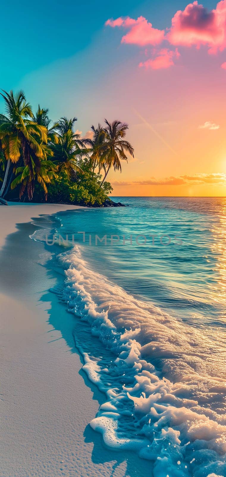 tropical beach view at sunset or sunrise with white sand, turquoise water and palm trees by z1b