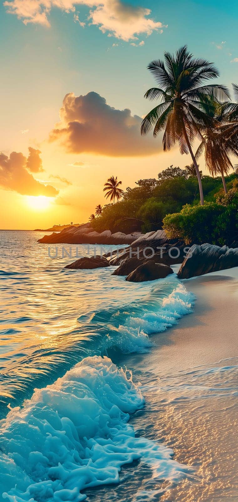 tropical beach view at sunset or sunrise with white sand, turquoise water and palm trees. Neural network generated image. Not based on any actual scene or pattern.