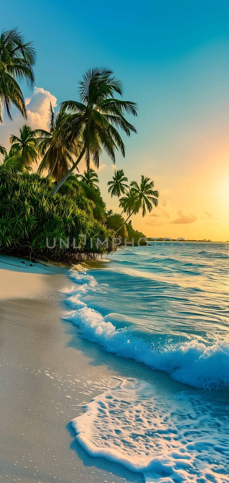 tropical beach view at sunset or sunrise with white sand, turquoise water and palm trees by z1b