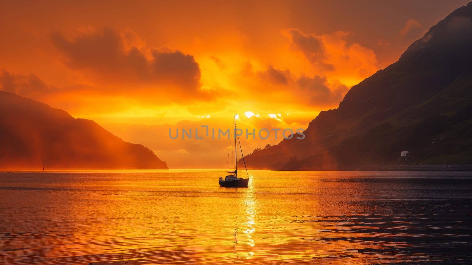 The sun is setting over the ocean, casting a warm glow on the water. The sky is a mix of orange and pink hues, creating a serene and peaceful atmosphere. The water is calm