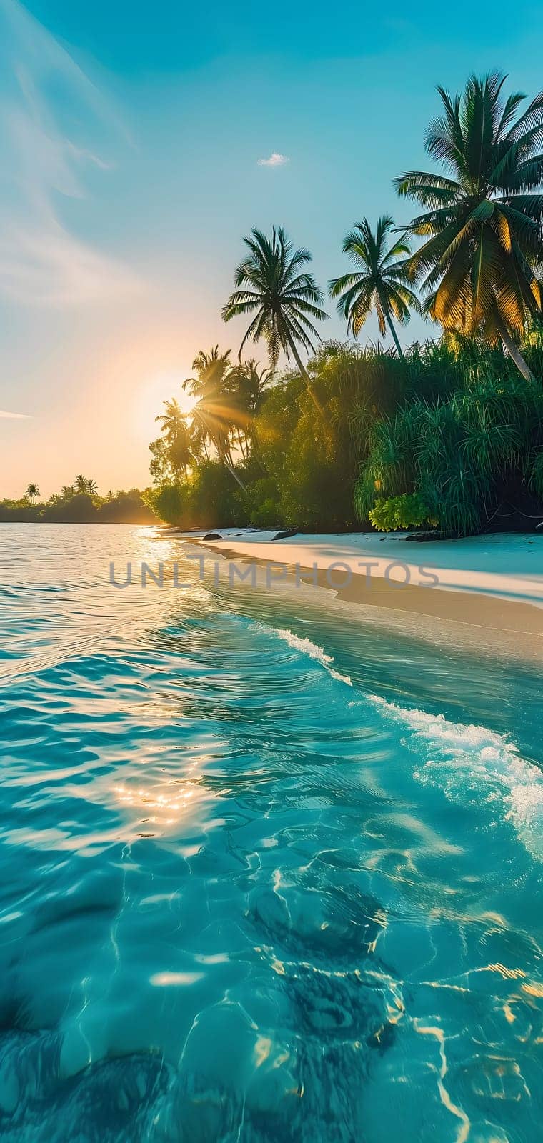 tropical beach view at sunset or sunrise with white sand, turquoise water and palm trees by z1b