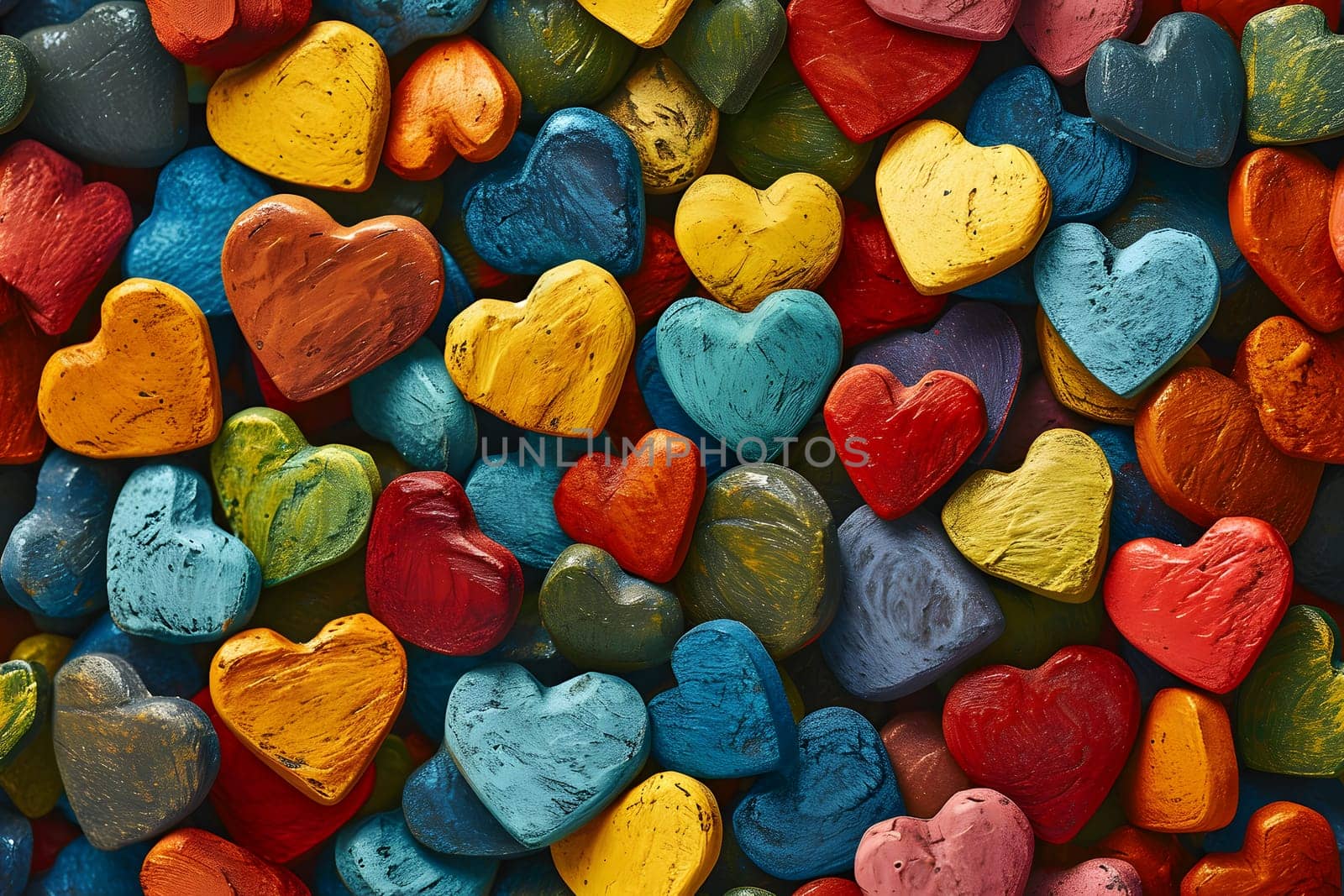 seamless full-frame background of colorful hearts. Neural network generated image. Not based on any actual person or scene.