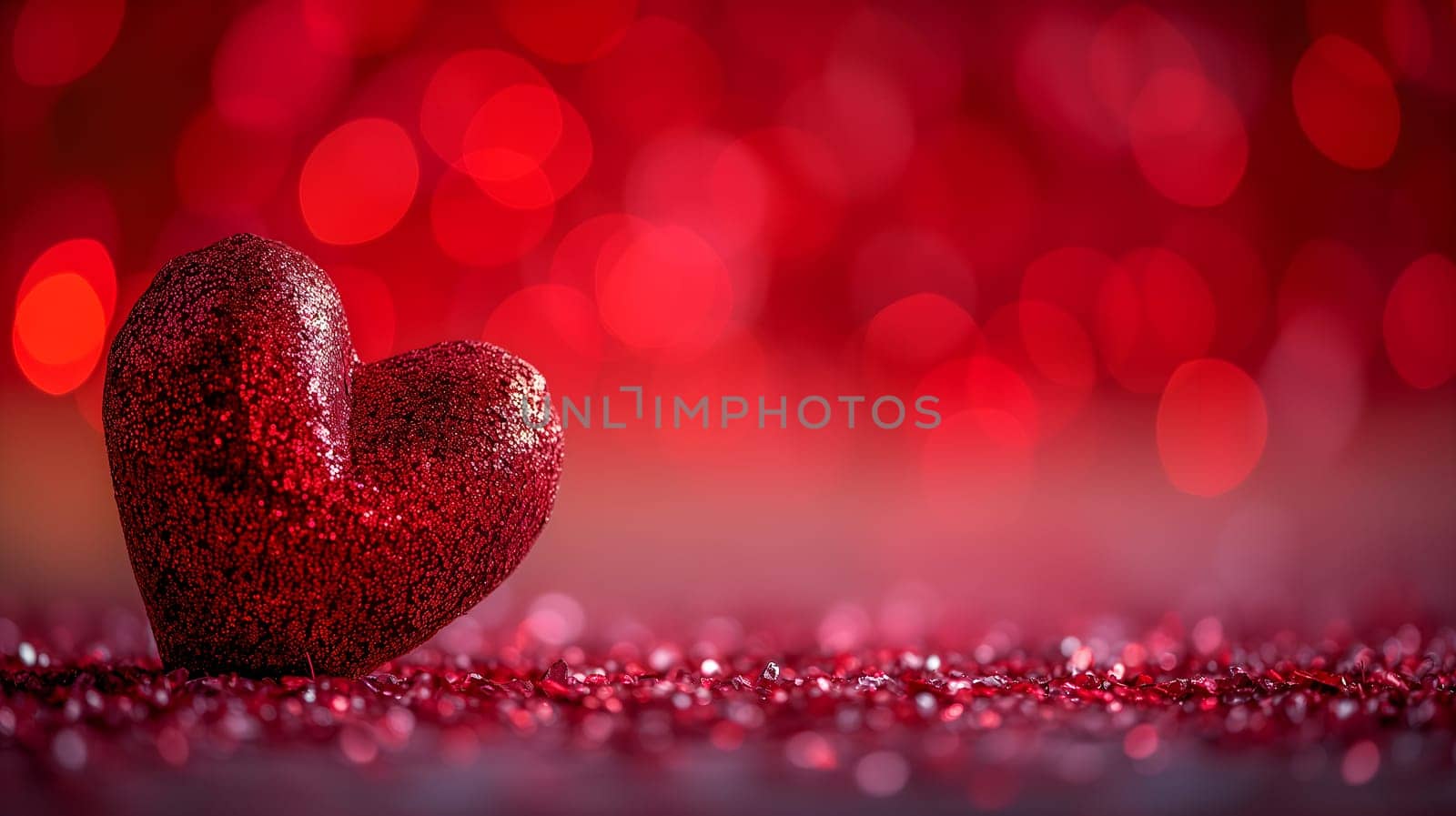 Red heart on table with selective focus and bokeh background for valentine day greeting card. Neural network generated image. Not based on any actual person or scene.