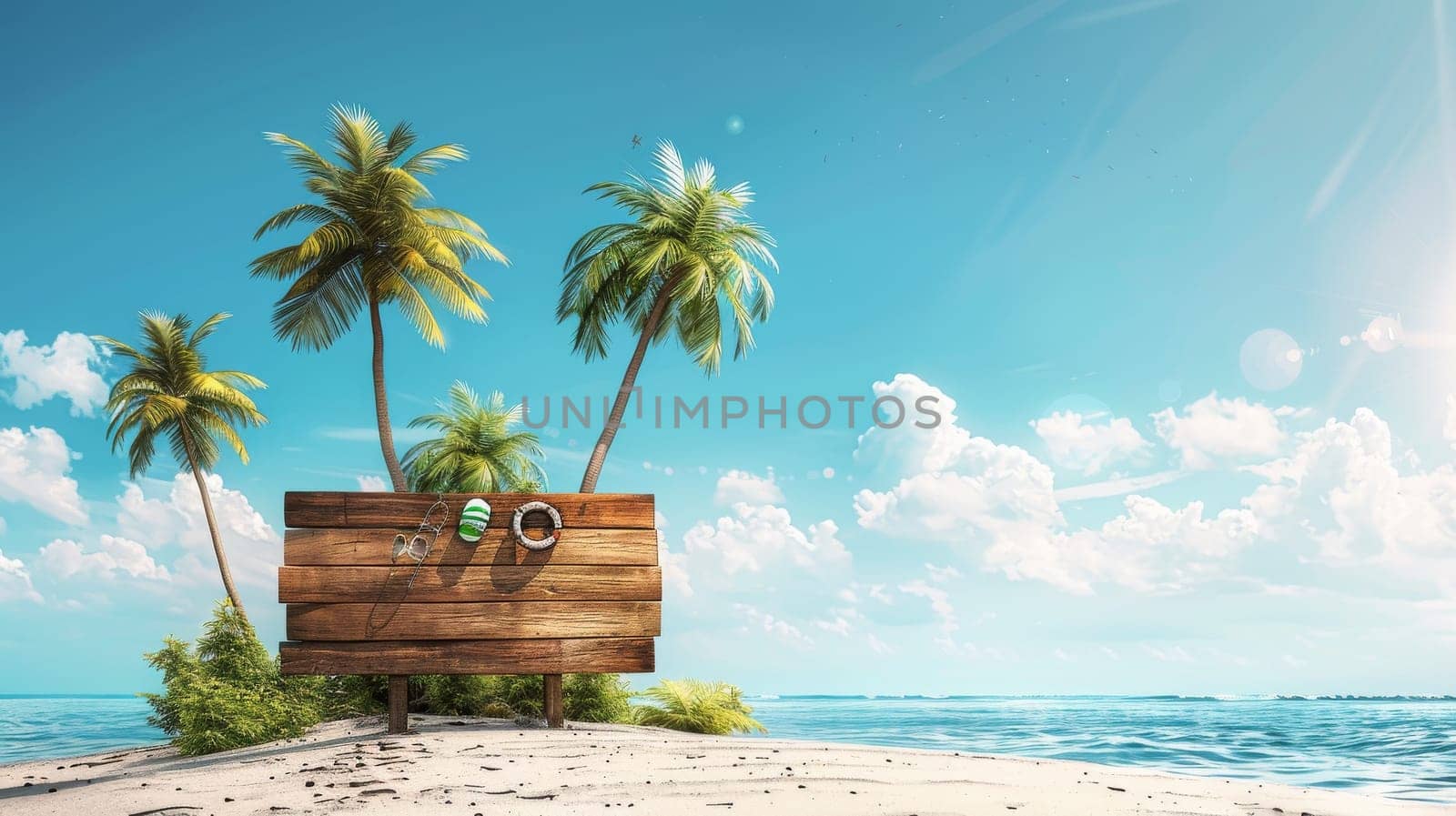 A signboard is placed on a beach next to a palm tree. The signboard is wooden and has a message on it. The beach is calm and peaceful, with the palm tree providing shade and a sense of relaxation