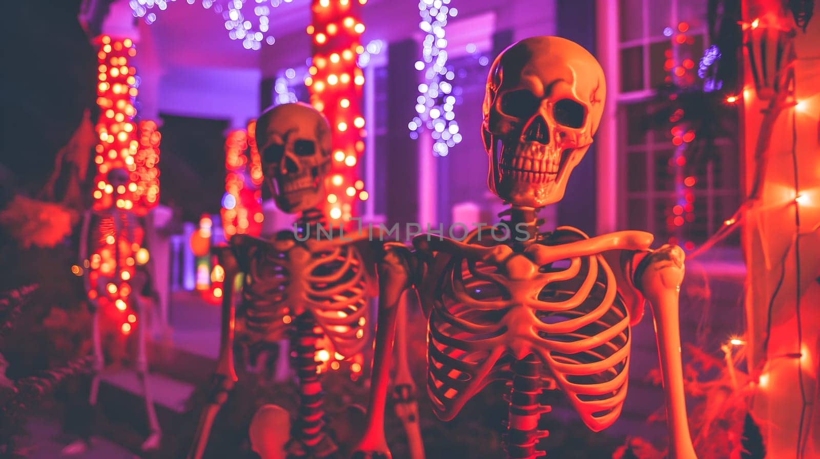 Skeletons in front of a house at Halloween. Neural network generated image. Not based on any actual scene or pattern.