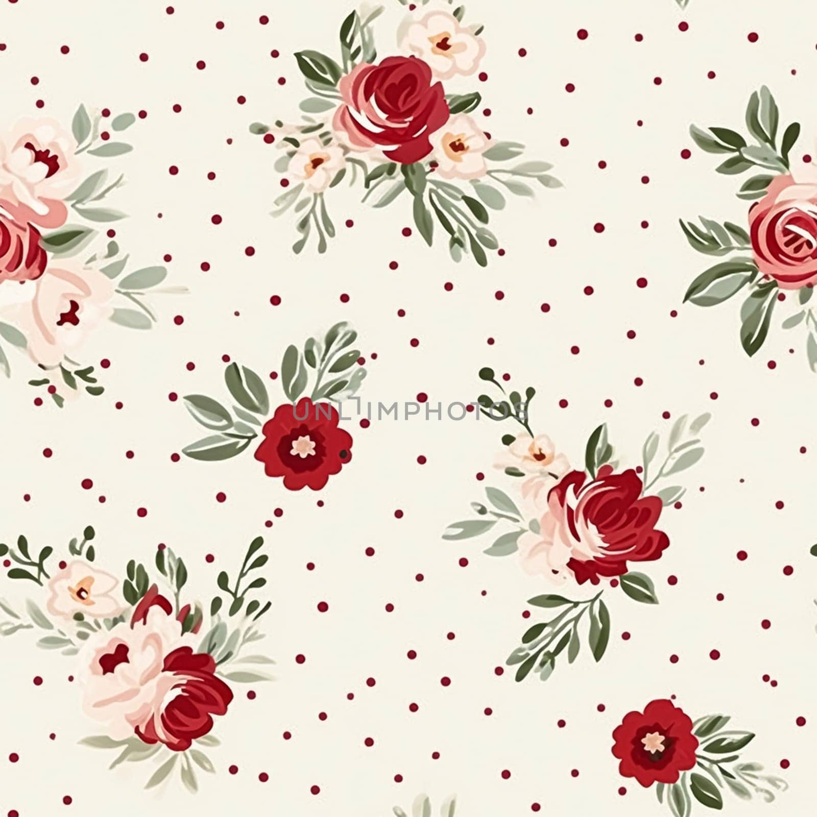 Seamless pattern, tileable floral country holiday print with roses, dots and flowers for wallpaper, wrapping paper, scrapbook, fabric and polka dot roses product design idea