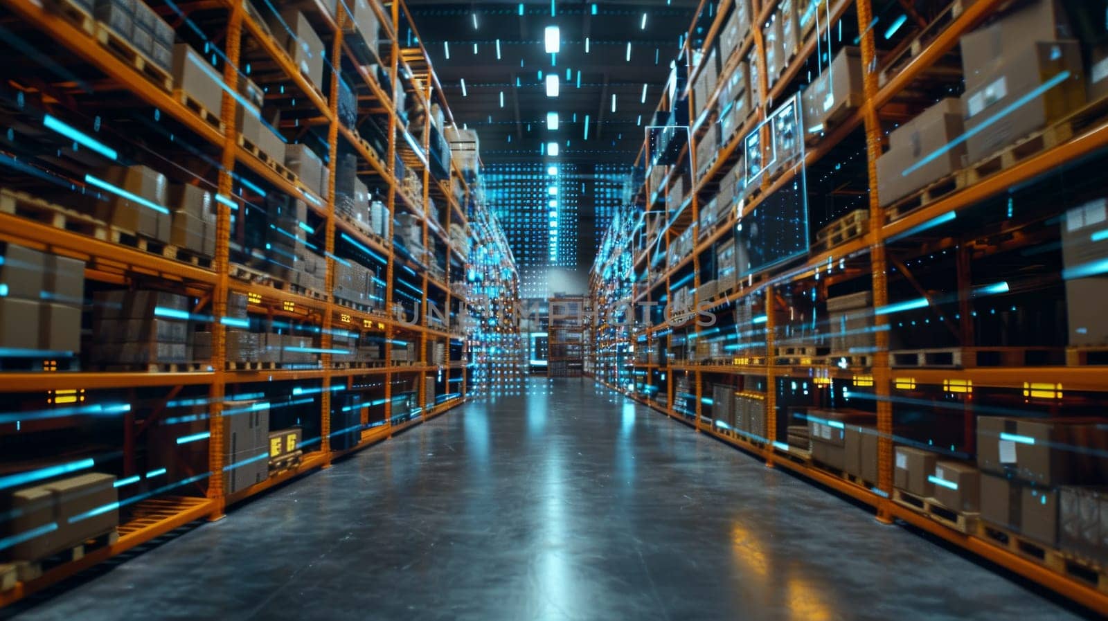 A warehouse with a lot of boxes and shelves. The boxes are stacked on top of each other and the shelves are filled with them. The warehouse is very large and has a lot of space