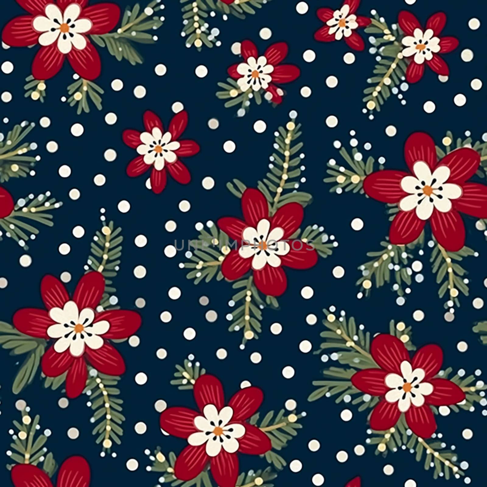 Seamless pattern, tileable Christmas holiday floral country dots print on dark background, English countryside flowers for wallpaper, wrapping paper, scrapbook, fabric and product design motif