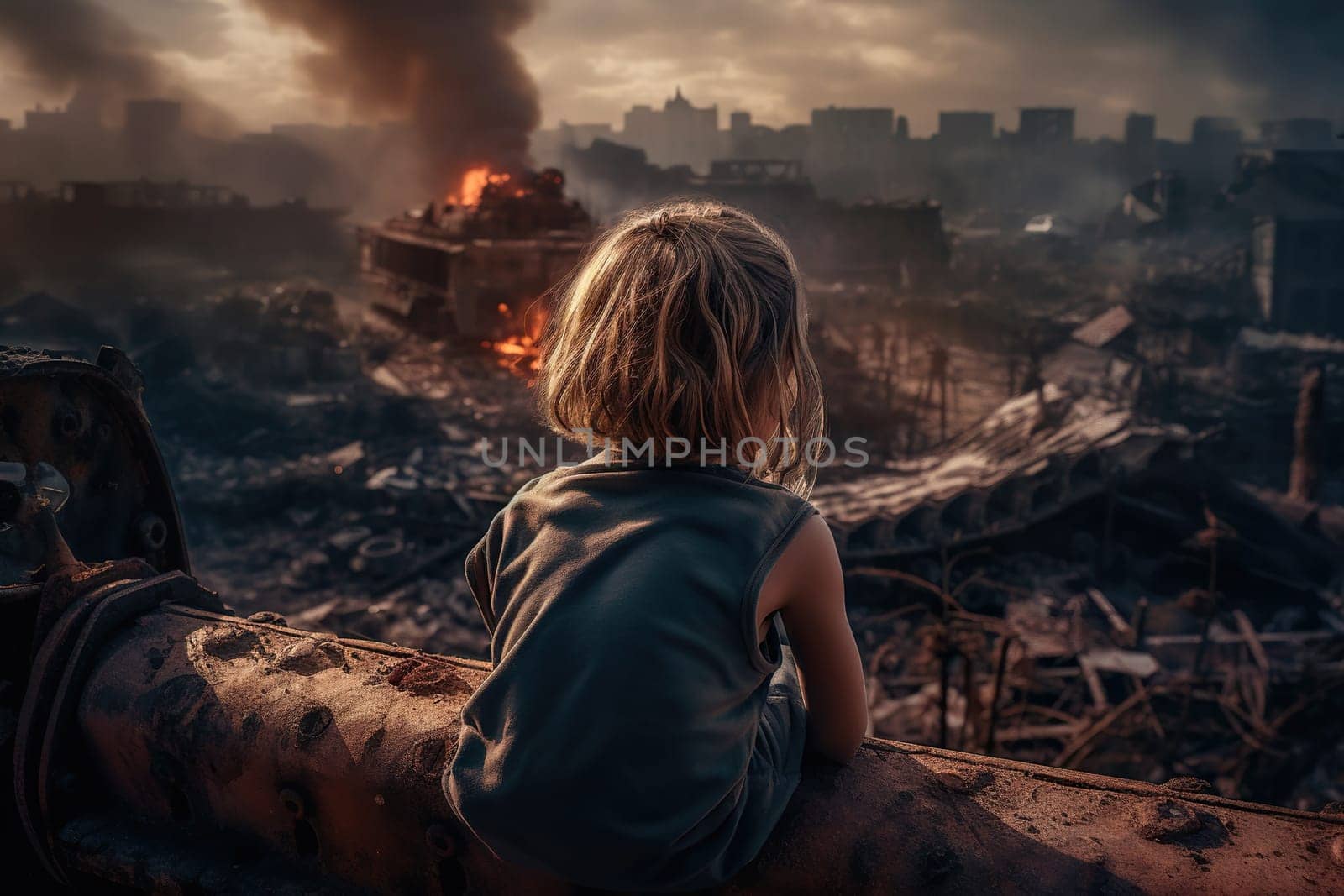 Kid Standing Amidst Ruined Blazing City Post Blast