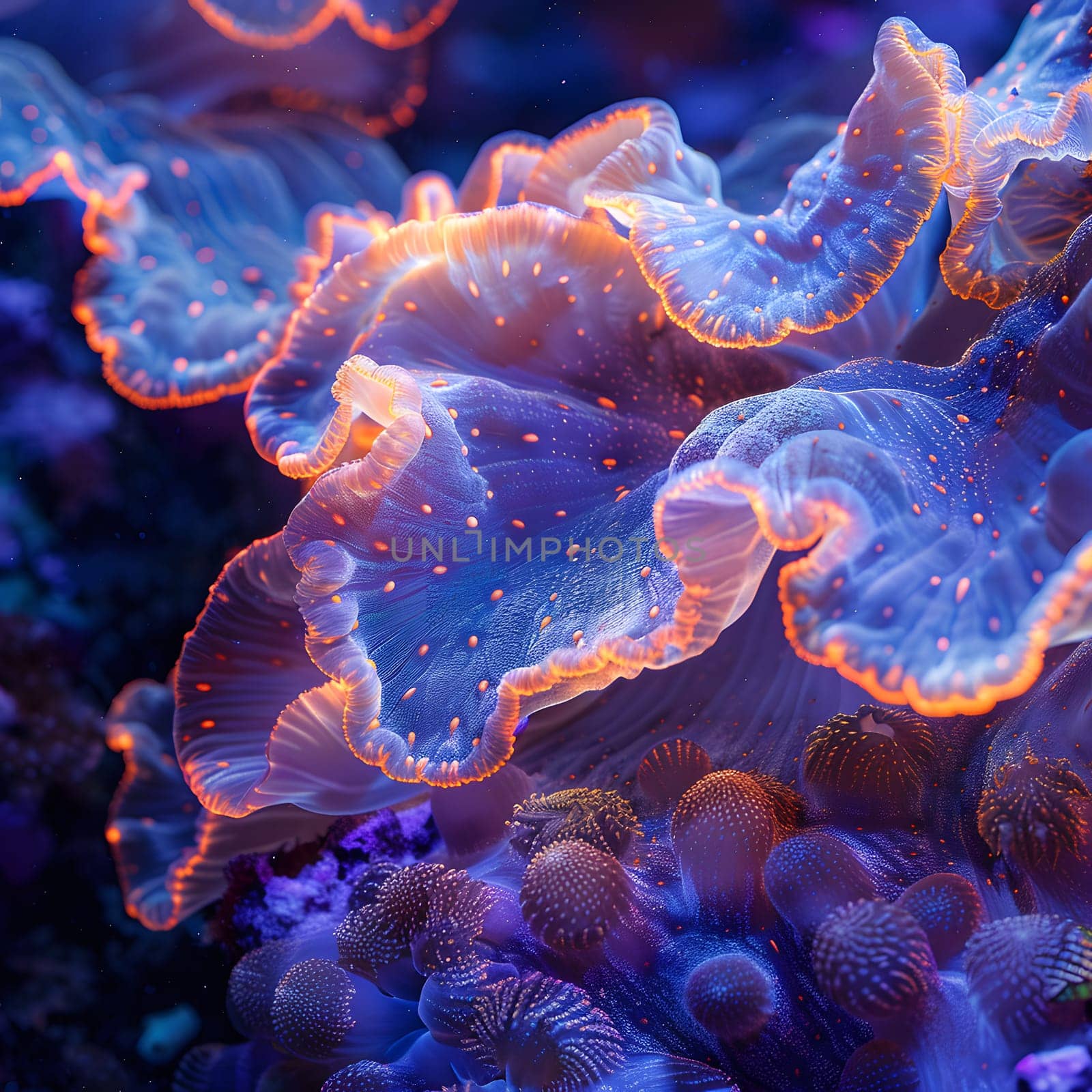 A closeup shot of an electric blue and orange coral reef underwater, showcasing marine invertebrates and other organisms thriving in the fluid environment of the sea