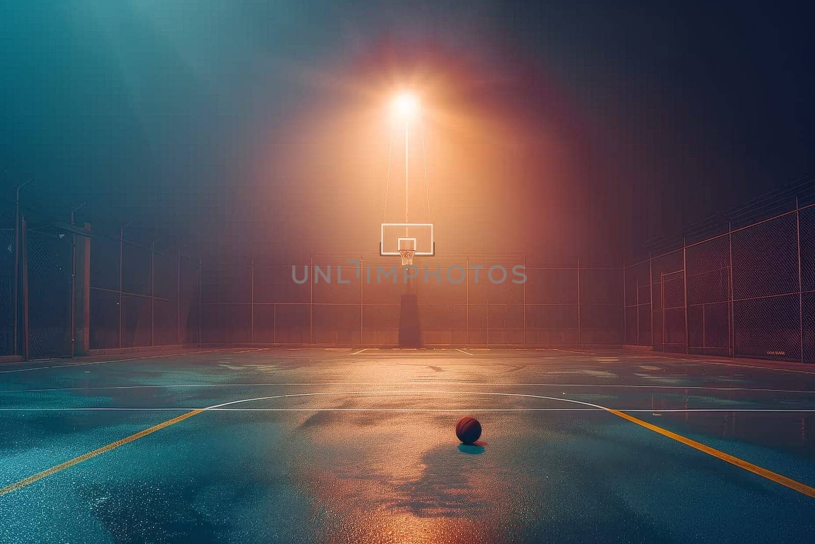 A basketball is sitting on the court in a dimly lit gym. The ball is the only object in the scene, and the atmosphere is quiet and still