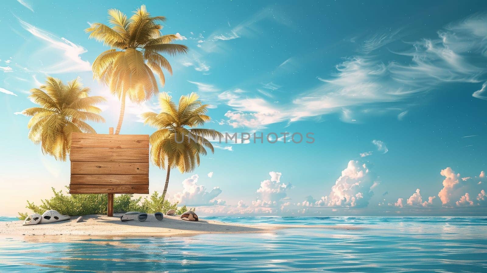 A signboard is placed on a beach next to a palm tree. The signboard is wooden and has a message on it. The beach is calm and peaceful, with the palm tree providing shade and a sense of relaxation