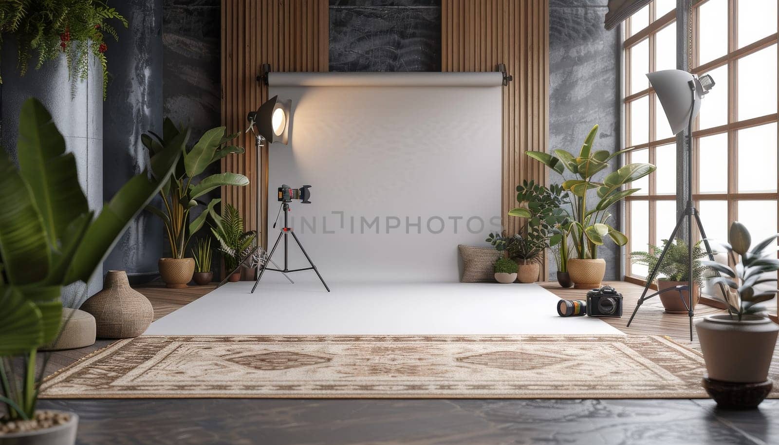 A studio with a white background and a large plant in the foreground. The studio is set up for photography and has a lot of plants