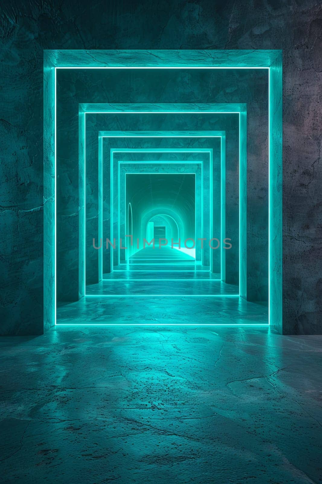 A long, narrow, green tunnel with neon lights.