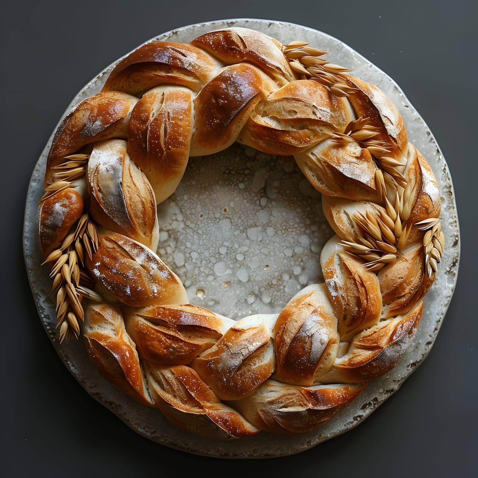A staple food dish made of baked goods, a wreath of bread served on a plate with a black background. The serveware contrasts with the fashion accessory of the metal plate