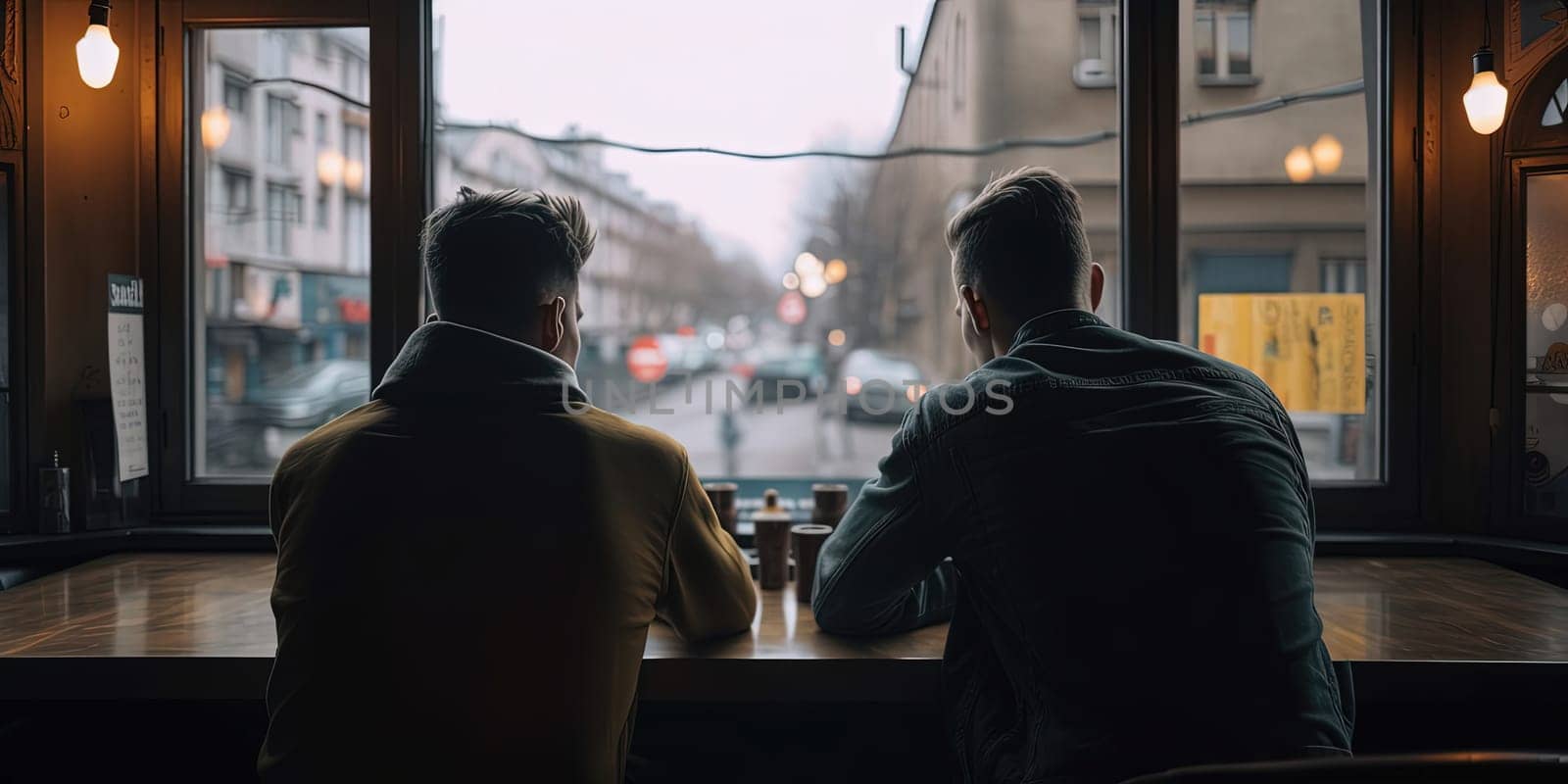 Two Male Freinds Eating In City Cafe, Back View, Lgbt Concept