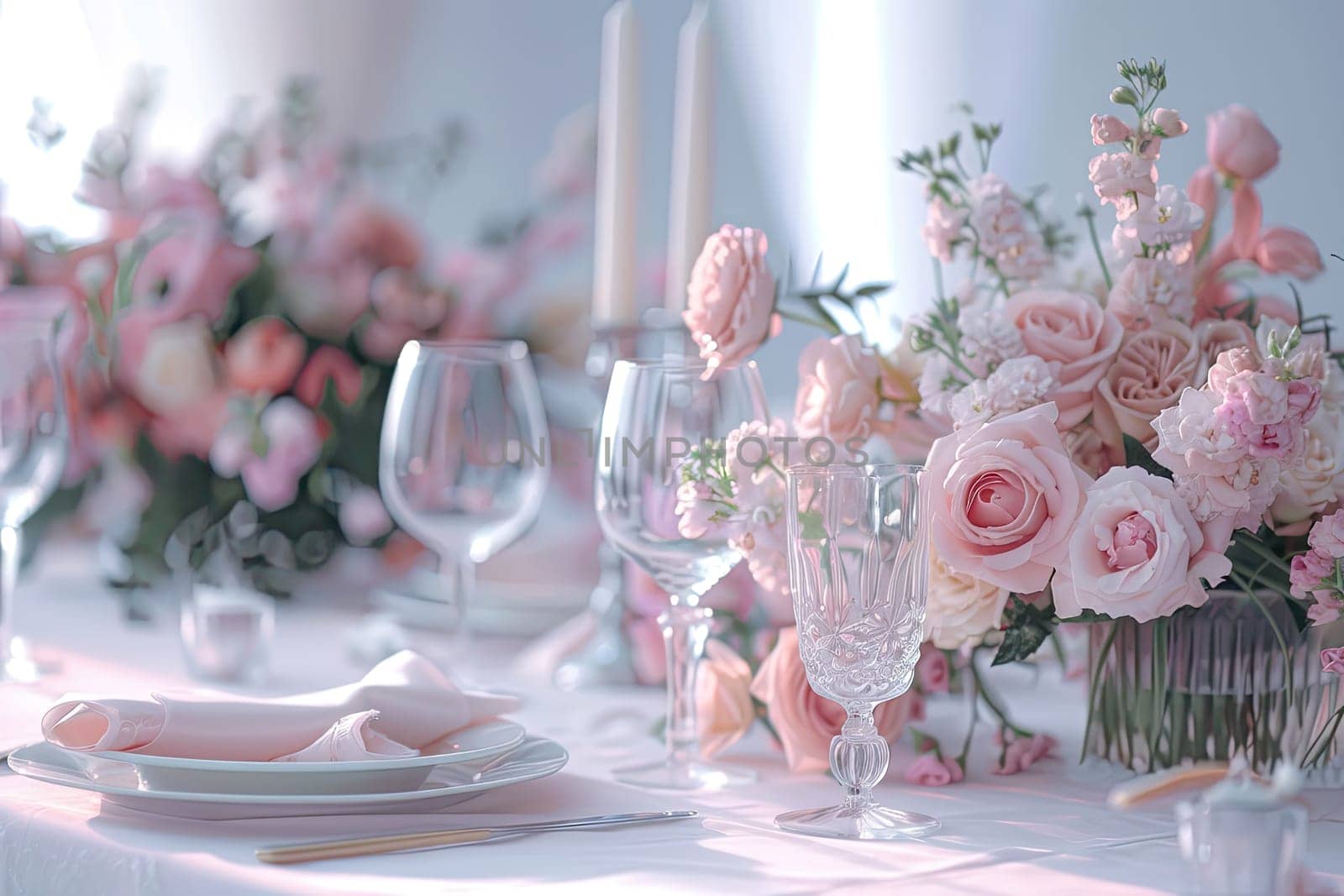 Elegant table setting with pink roses and glassware for a wedding or romantic dinner. Floral arrangement and dining decor on a white tablecloth. Ai generation. High quality photo