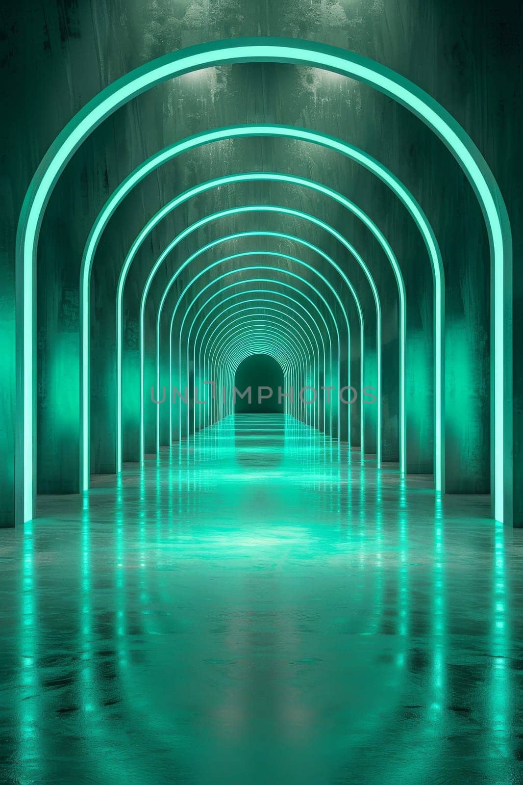 A long, narrow, green tunnel with neon lights.