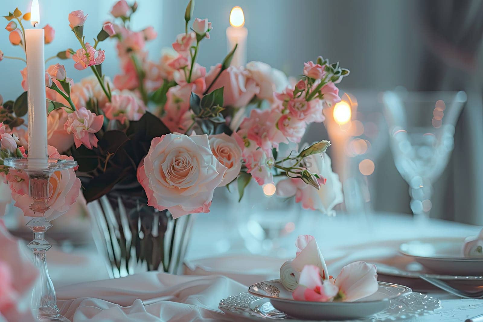 Elegant table setting with pink roses and glassware for a wedding or romantic dinner. Floral arrangement and dining decor on a white tablecloth. Ai generation. High quality photo