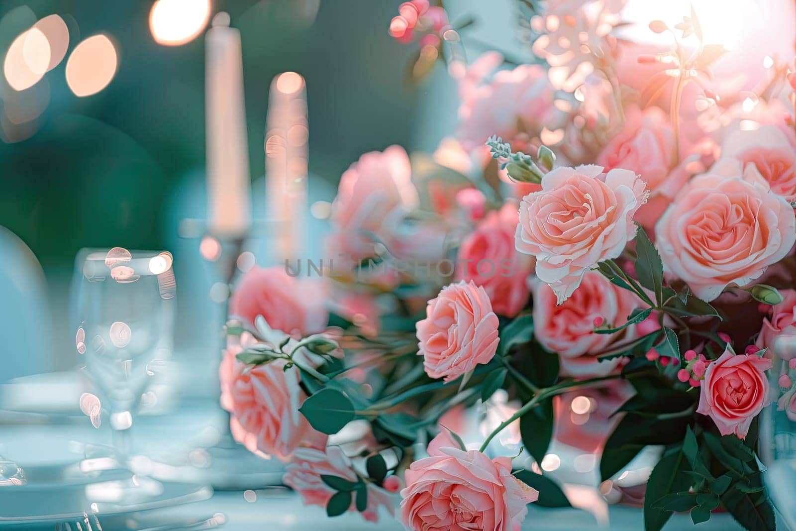 Elegant table setting with pink roses and glassware for a wedding or romantic dinner. Floral arrangement and dining decor on a white tablecloth. Ai generation. High quality photo