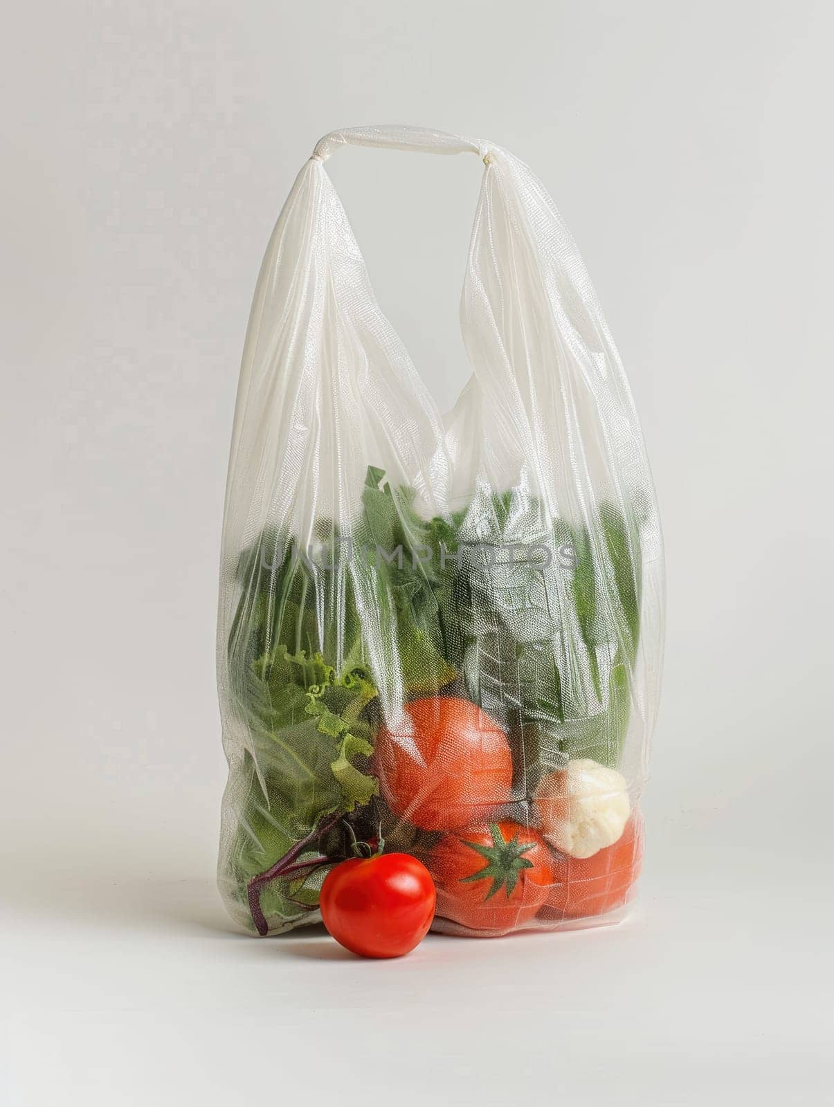 Plastic bag filled with fresh vegetables including tomatoes, lettuce, and garlic on a white background. Healthy eating and grocery shopping concept. Ai generation. High quality photo