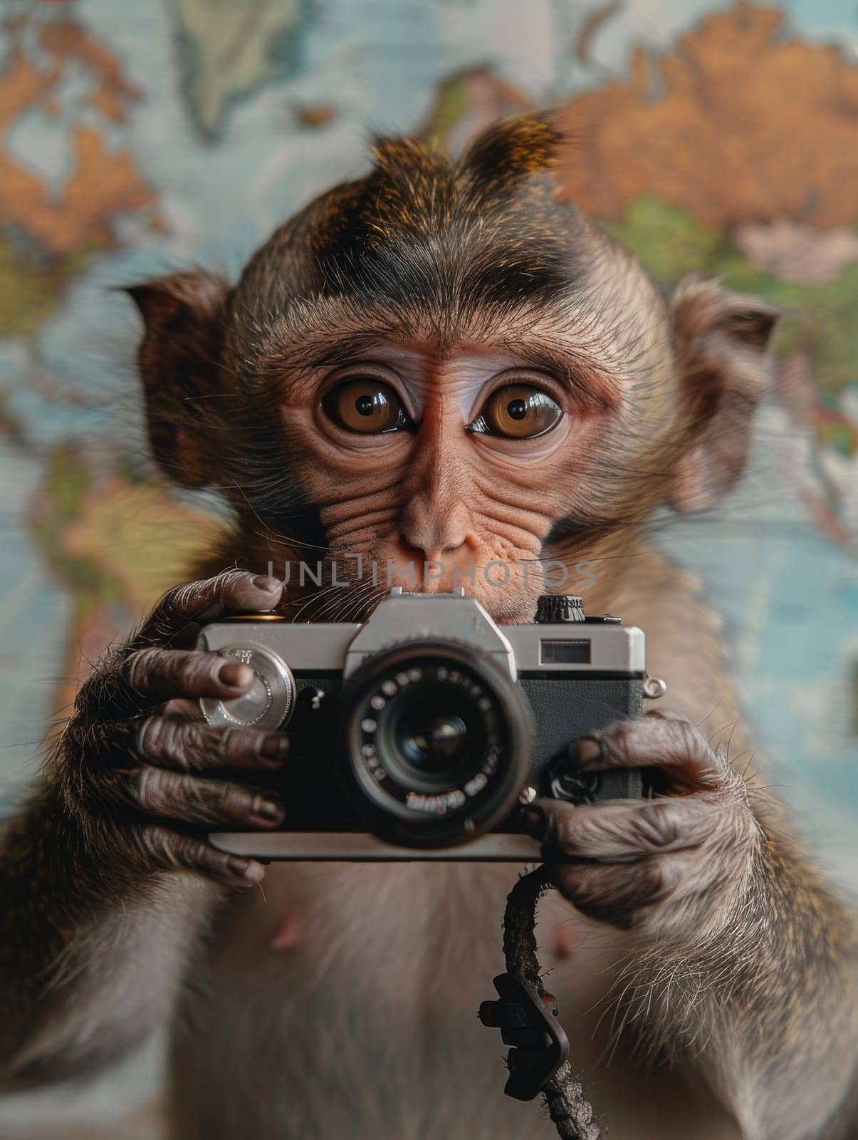 A monkey is holding a camera and looking at the camera. The monkey is wearing a camera strap and he is taking a picture