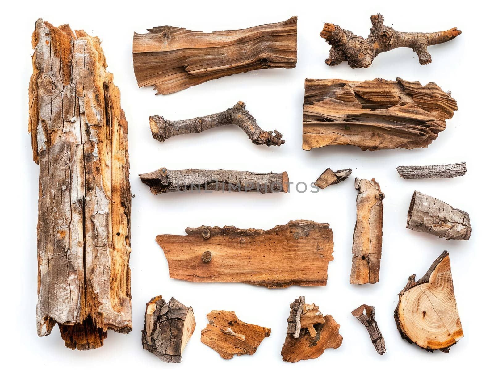 Collection of various pieces of bark, wood, and twigs arranged on white background. Nature textures and materials for design and art projects. Ai generation. High quality photo