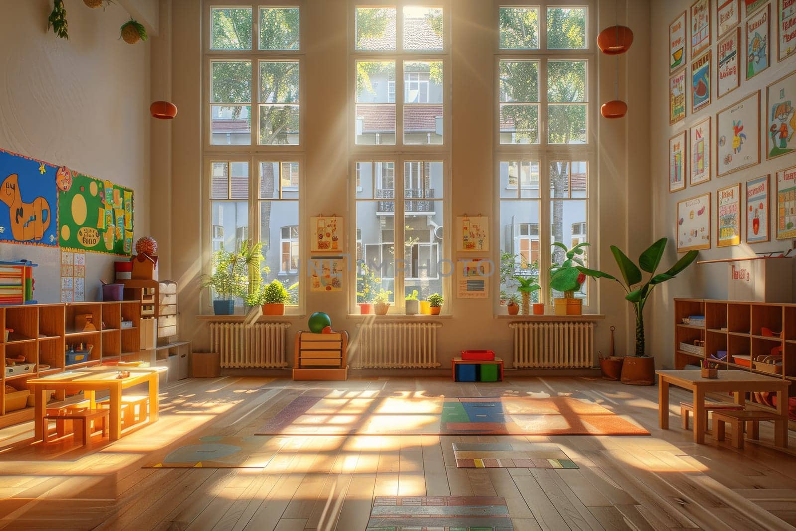 nursery school with bright yellow room with a lot of windows and a lot of toys.