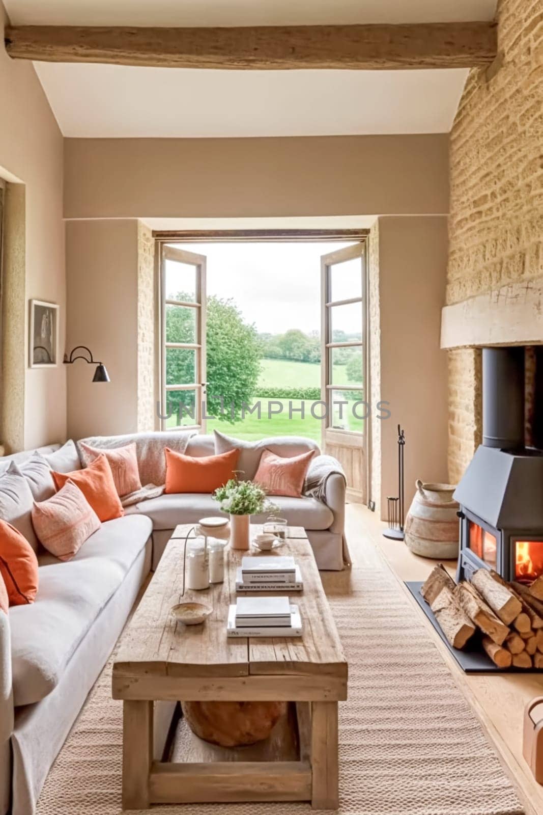 Modern cottage sitting room with fireplace, living room interior design and country house home decor, sofa and lounge furniture, English countryside style interiors