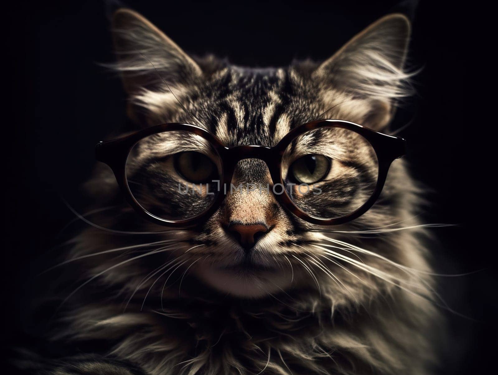 Smart Cat In Glasses On Black Background , Concept Of Curiosity And Intelligence