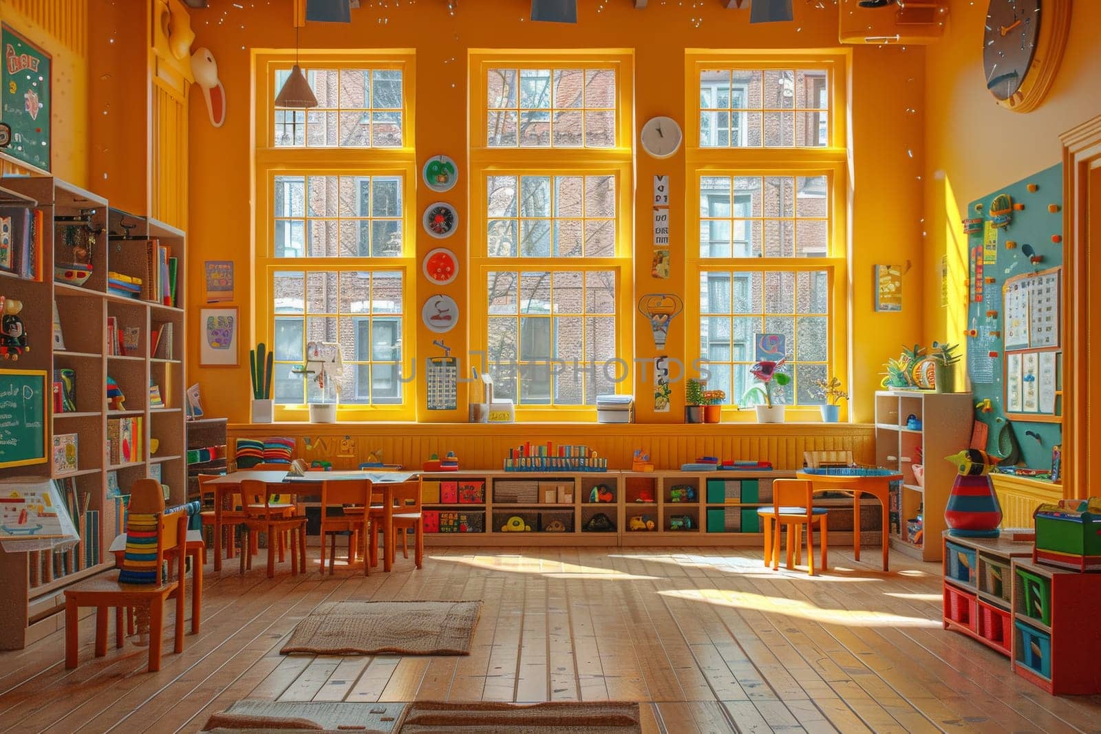 nursery school with bright yellow room with a lot of windows and a lot of toys.
