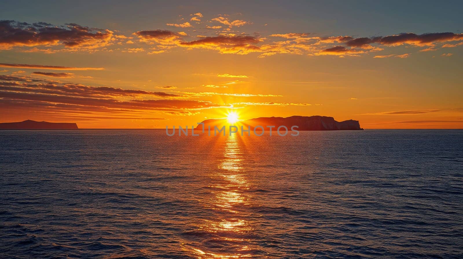 The sun is setting over the ocean, casting a warm glow on the water. The sky is a mix of orange and pink hues, creating a serene and peaceful atmosphere. The water is calm