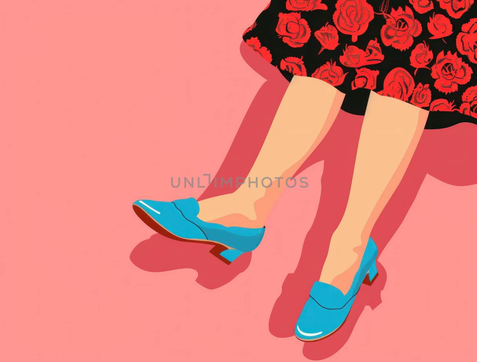 Woman's floral dress and blue shoes on pink background, beauty and fashion concept with legs of female model