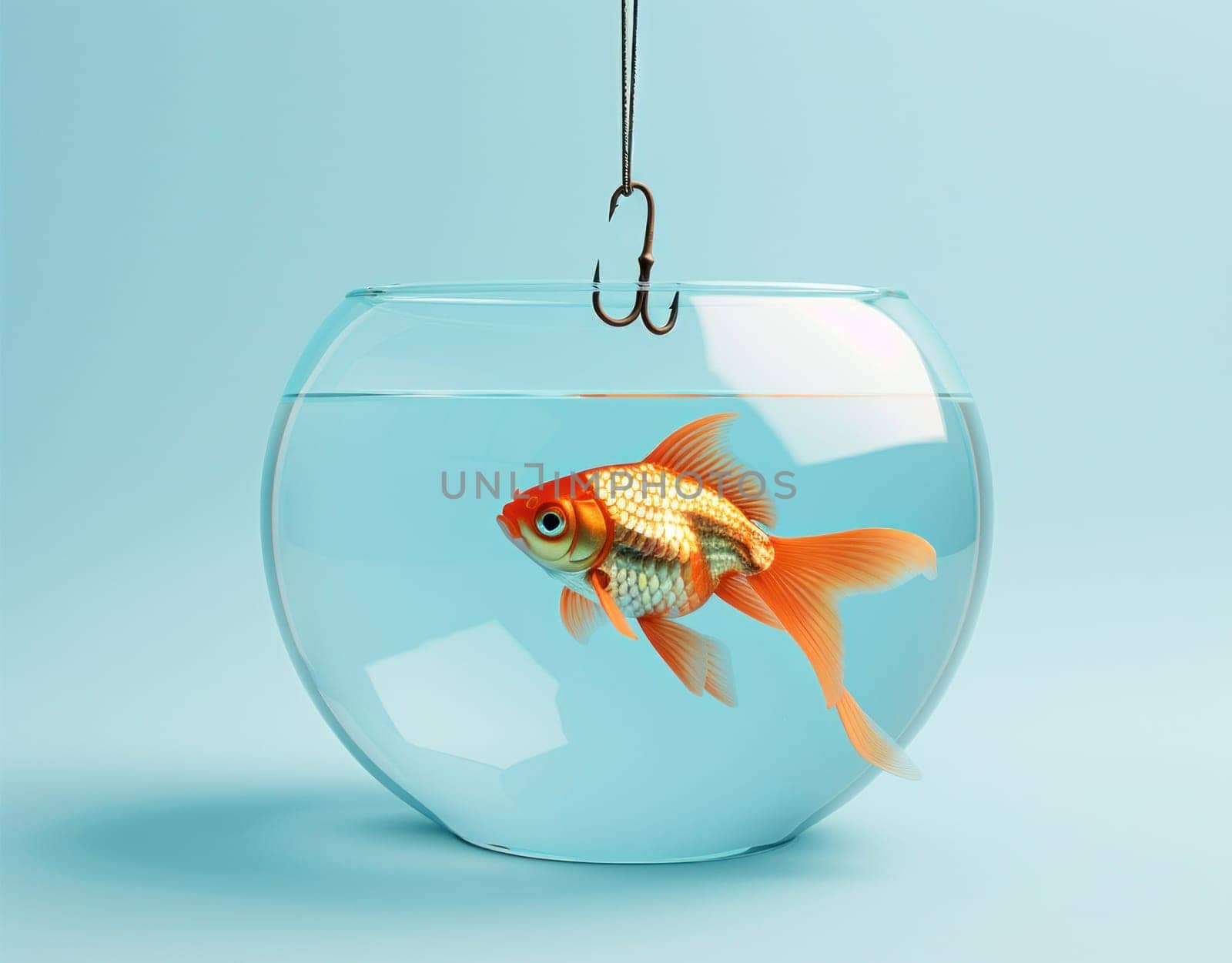 Lonely goldfish in a fish bowl with a hook, concept of captivity and isolation in art and beauty industry