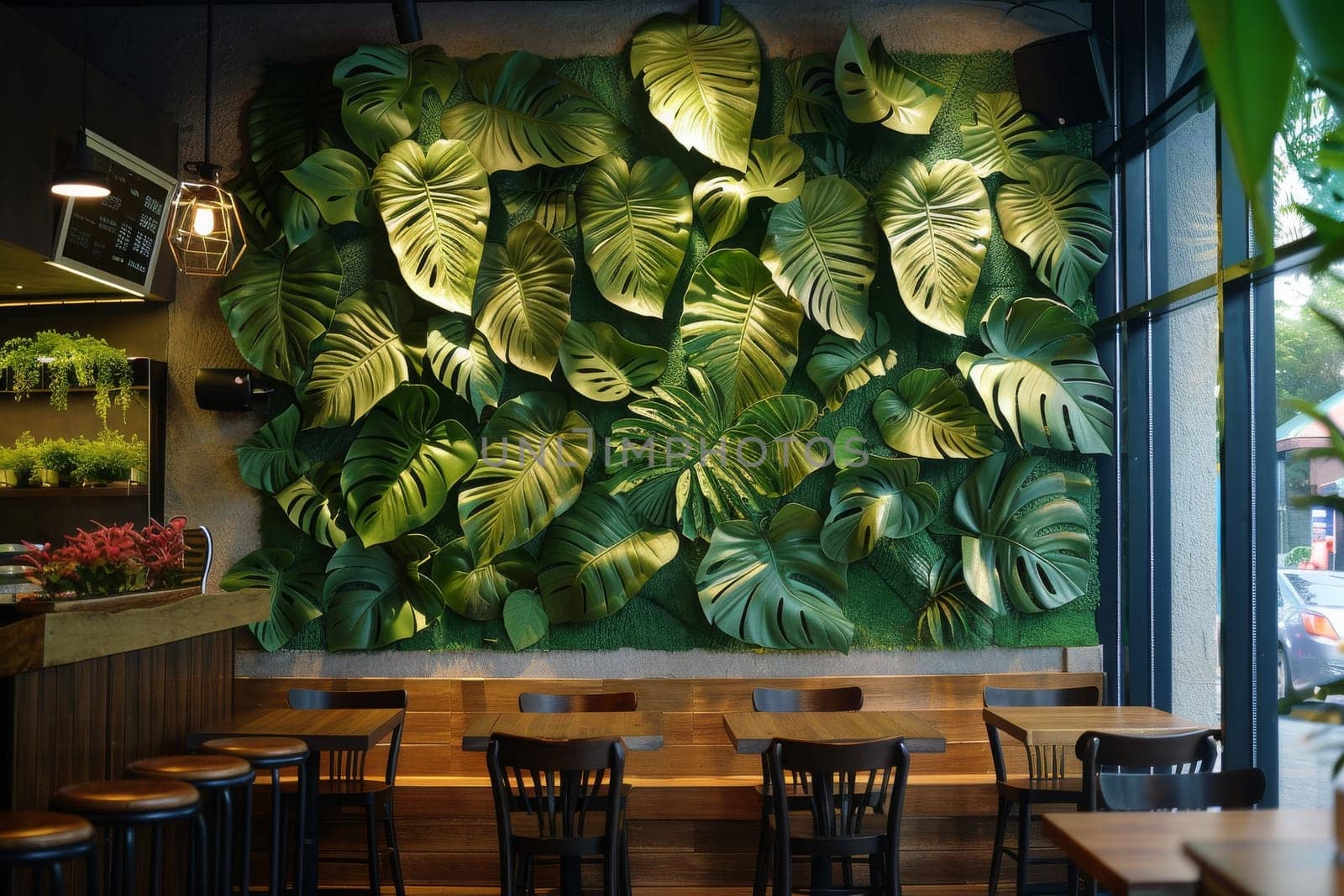 A restaurant with a green wall of leaves and a green wall of leaves. The chairs are black and the tables are wooden