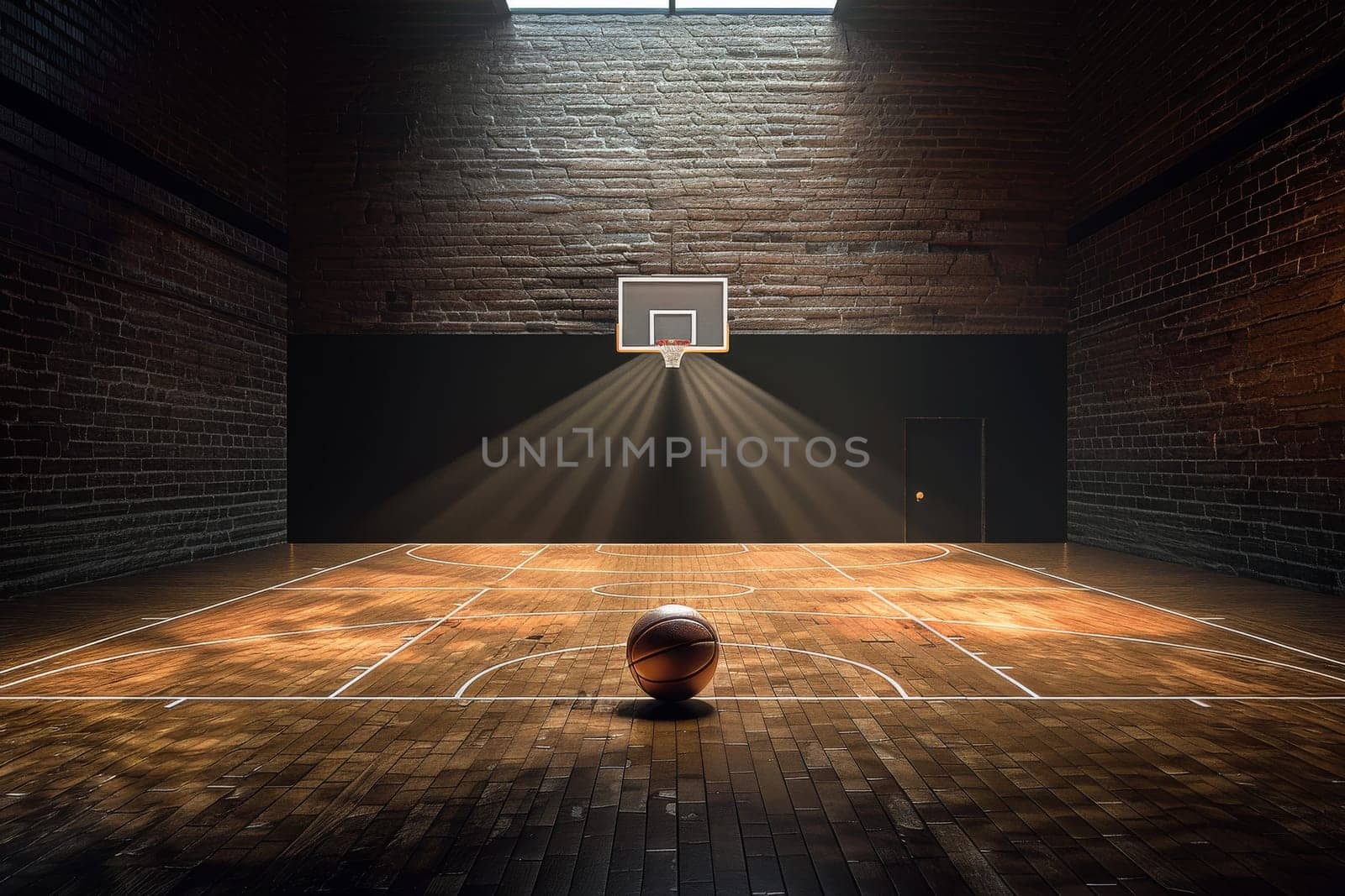 A basketball is sitting on the court in a dimly lit gym. The ball is the only object in the scene, and the atmosphere is quiet and still