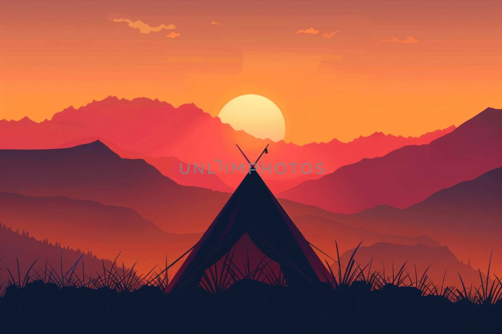 Mountain adventure silhouette of a tent camping at sunset with epic mountain view in background