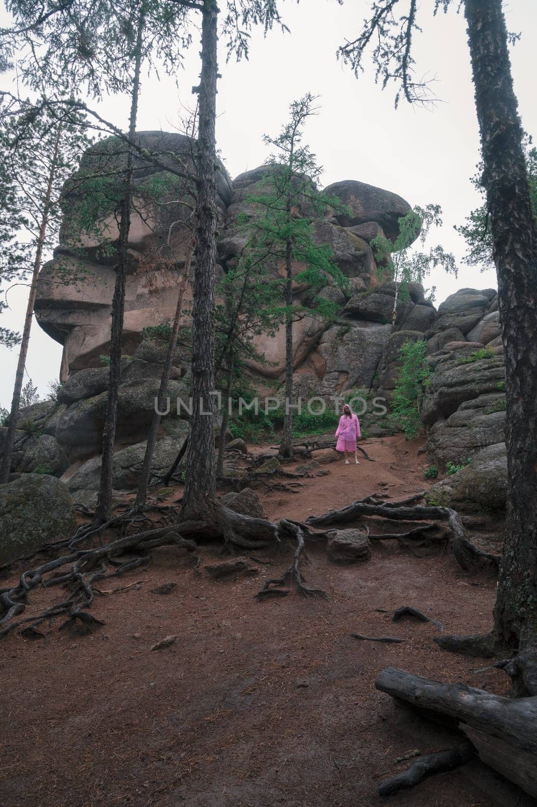 Woman in raincoat in the taiga forest and rocks of the Stolby nature reserve park, Krasnoyarsk, Russia