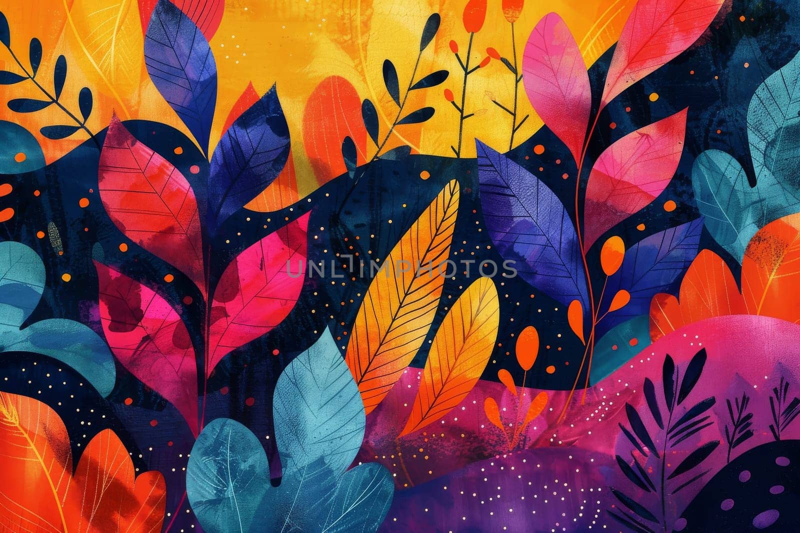 A colorful painting of a forest with many different colored leaves. The painting is full of life and energy, with a bright and cheerful mood. The colors are vibrant and bold